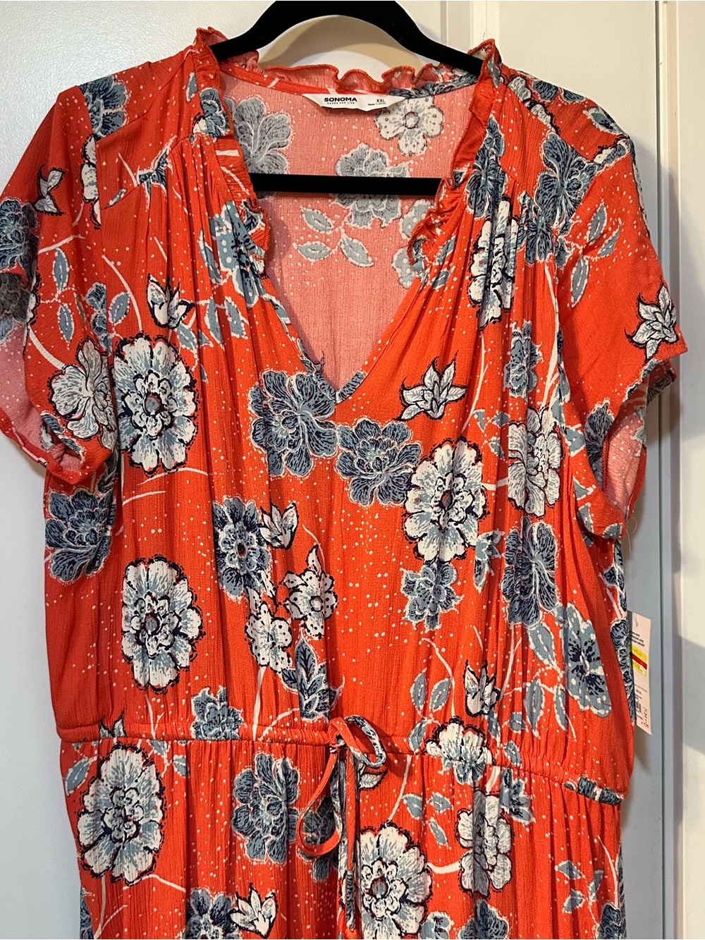 Sonoma Orange Floral V-Neck Midi Dress with Drawstring - Picture 2 of 5